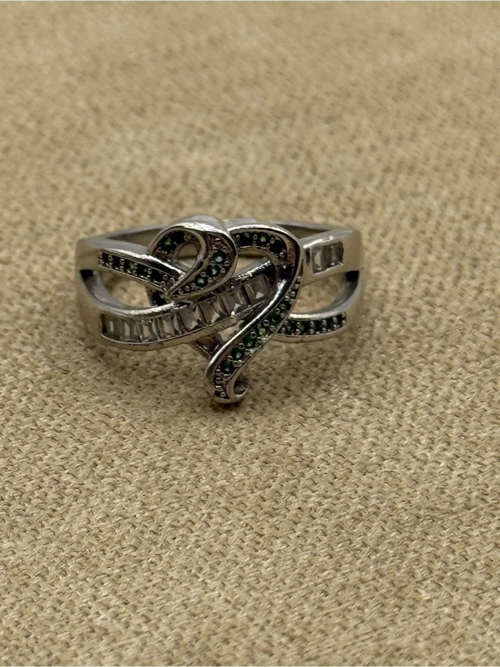 Sterling Silver heart Green and White Stone Crossover Ring